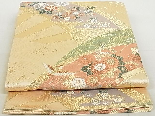 平和屋着物◎六通柄袋帯　唐織　片輪車花蝶文　金糸　正絹　逸品　AAAJ2350Aex