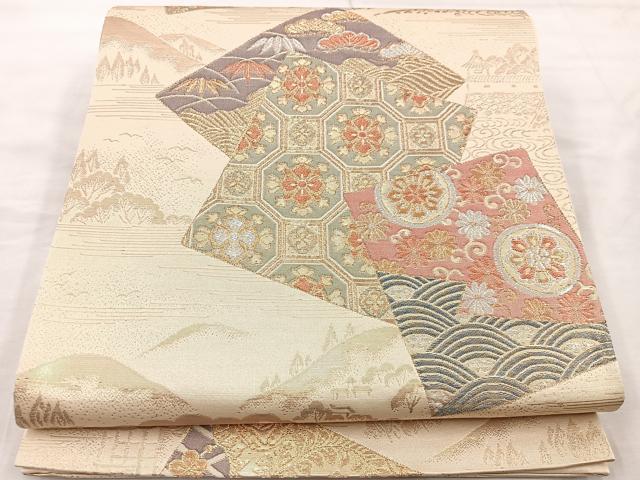 平和屋着物◎六通柄袋帯　唐織　色紙重ね蜀江花文　金糸　正絹　逸品　BAAT9517mz