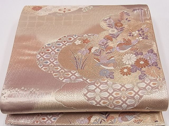 平和屋着物■六通柄袋帯　唐織　雲重ね鴛鴦草花吉祥文　金糸　逸品　ng3619