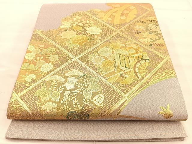 平和屋着物●九寸開き名古屋帯　型染め　雪輪花文　正絹　逸品　CABF0044vf 平和屋着物○九寸名古屋帯 ぜんまい紬 型染め 枝花文 正絹 逸品