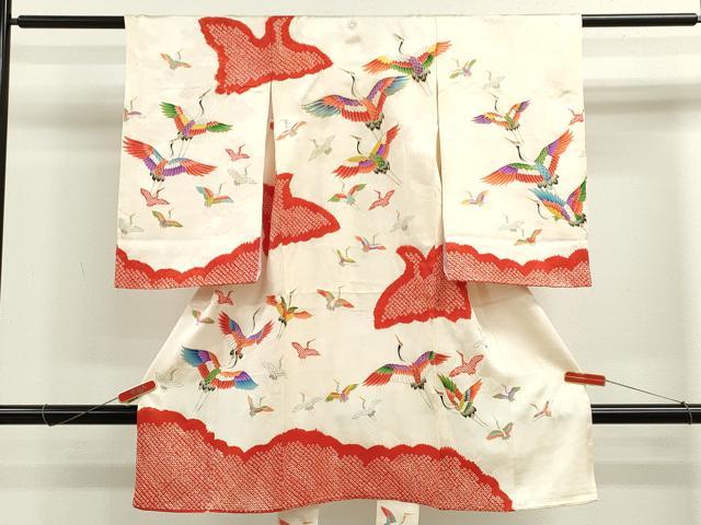 平和屋着物[]お宮参り　女の子　祝着　産着　初着　のしめ　駒刺繍　絞り　飛鶴文　金彩　逸品　CAAZ7190ze