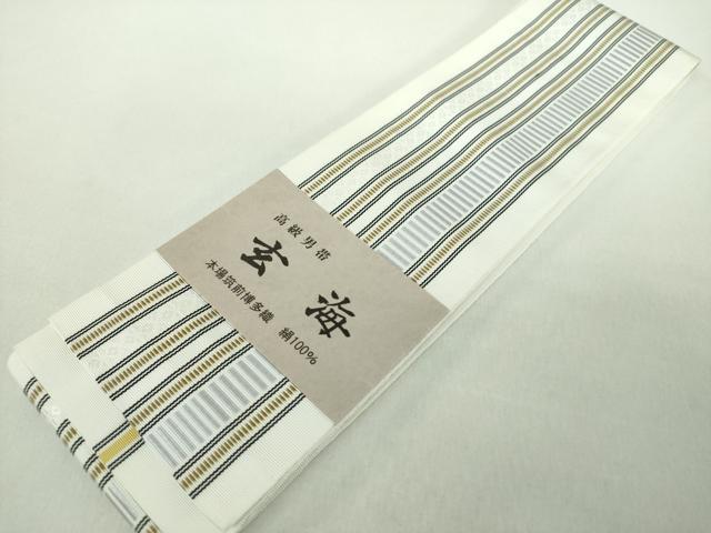 平和屋着物●男性　本場筑前博多織　両面　角帯　玄海　献上　井上絹織謹製　博多金ラベル　証紙付き　正絹　逸品　未使用　DABE5218ps