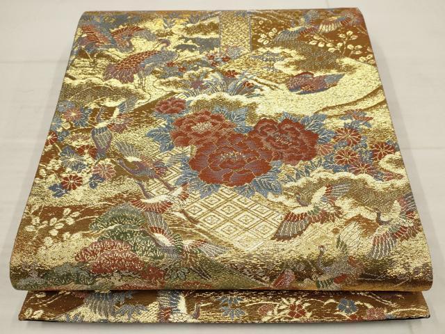 平和屋着物▼六通柄袋帯　御所宸殿　松竹梅　鶴　黒地　金糸　正絹　逸品　AABB9837wj