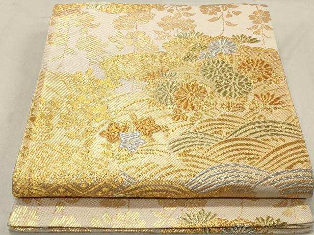 Kimono - 平和屋着物◎六通柄袋帯　草花文　金銀糸　正絹　逸品　DABA3445qa