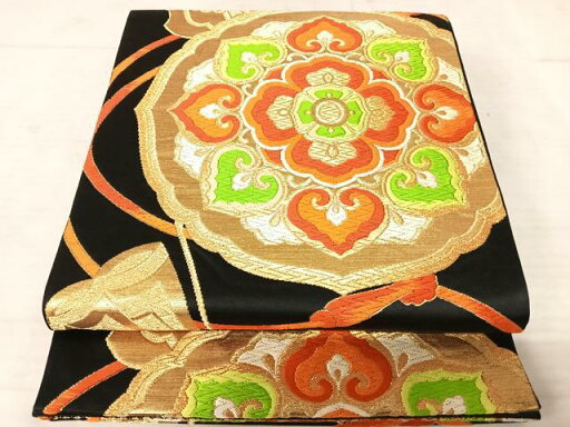 平和屋着物◎六通柄袋帯 唐織 正倉院花文 黒地 金糸 正絹 逸品 AAAU9937yx 平和屋着物◎六通柄袋帯 唐織 正倉院花文 黒地 金糸 正絹 逸品 AAAU9937yx