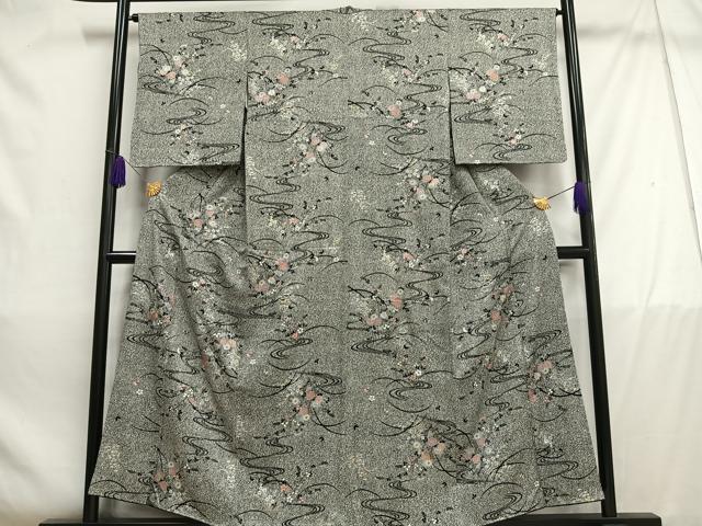 平和屋着物■上質な小紋　流水草花文　たたき染め　金銀彩　正絹　逸品　AABD2284oa