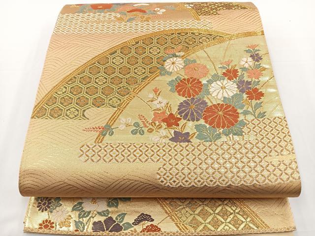平和屋着物◎六通柄袋帯　唐織　間垣花文　金糸　正絹　逸品　BAAS4375ea