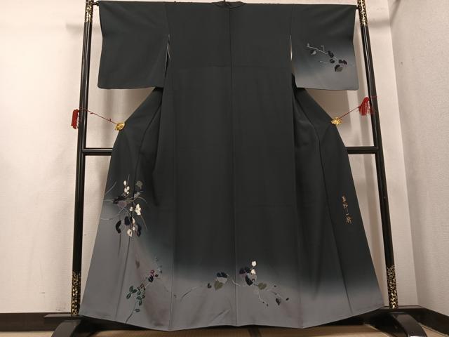 訪問着　正絹　袷　紺　グレー　グラデーション　枝花　作家物　草野一騎 楽天市場】草野一騎の通販