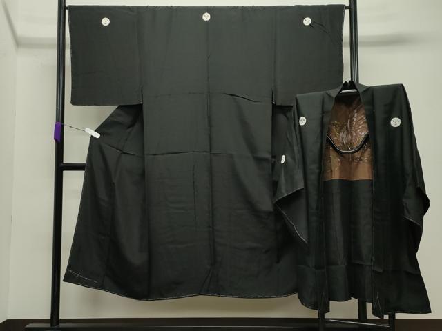平和屋着物●男性　黒紋付　羽織セット　羽裏：鷹　正絹　逸品　未使用　CABC8304gh