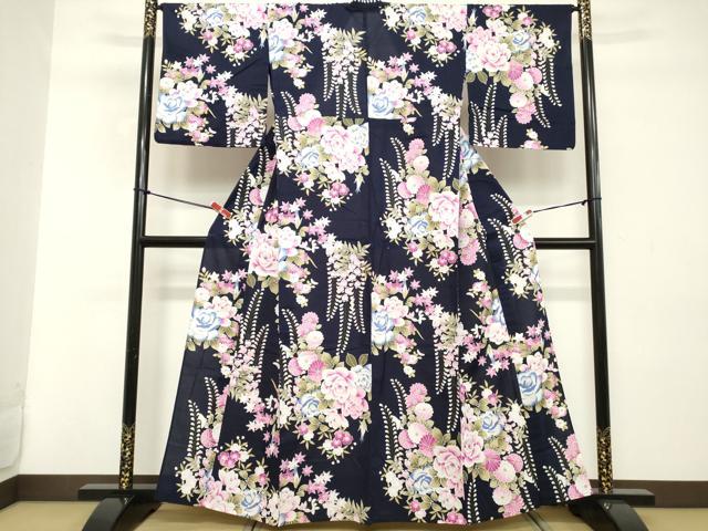 平和屋着物∴夏物　浴衣　草花文　銀彩　綿　逸品　DABD2614cd