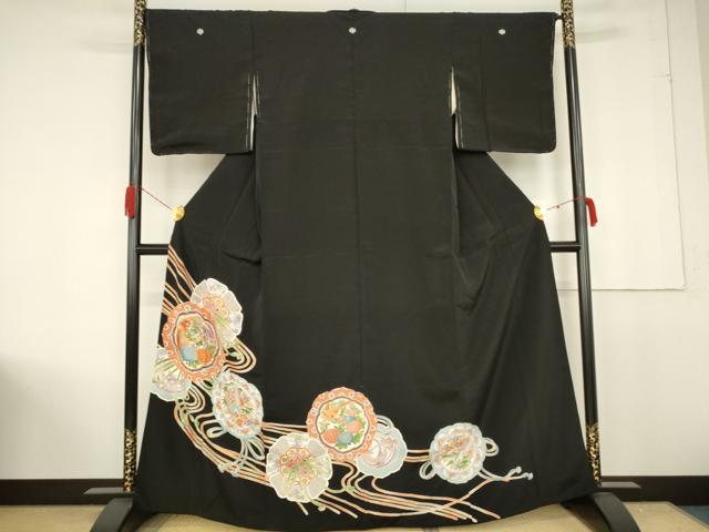 平和屋着物■豪華黒留袖　刺繍　鏡裏花鳥文　金彩　正絹　逸品　AABA2392ma