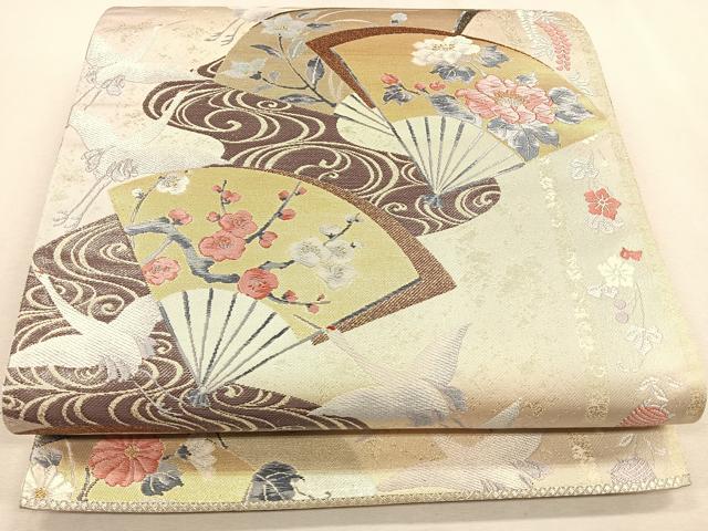 平和屋着物◎六通柄袋帯　唐織　飛鶴扇面花文　金銀糸　正絹　逸品　CAAR1689nb