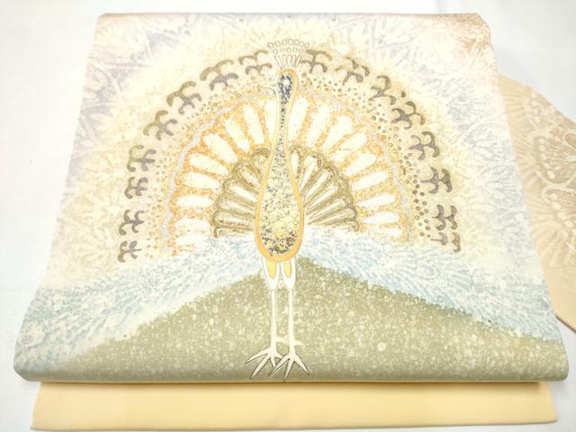 平和屋着物●塩瀬　九寸名古屋帯　孔雀文　金銀彩　正絹　逸品　CAAZ4153hy
