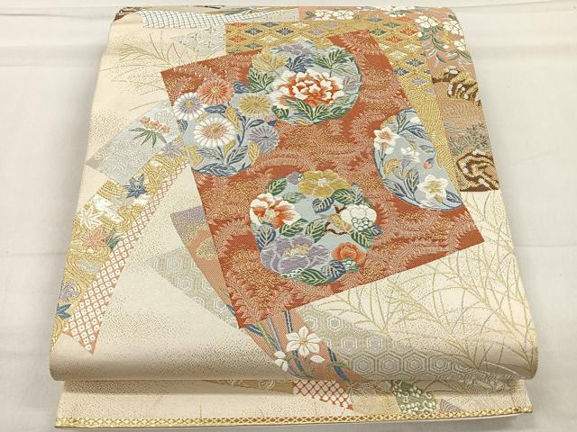 平和屋着物◎六通柄袋帯　唐織　色紙花鳥文　金銀糸　正絹　逸品　CAAR1645nb