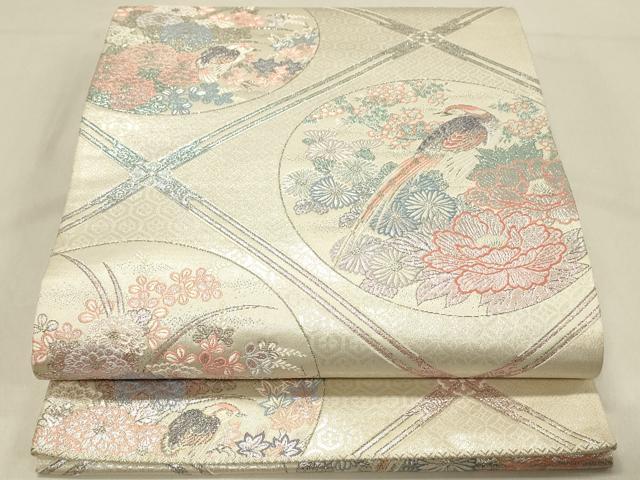 平和屋着物◎六通柄袋帯　唐織　天井花鳥丸文　銀糸　正絹　逸品　DAAT8053qp