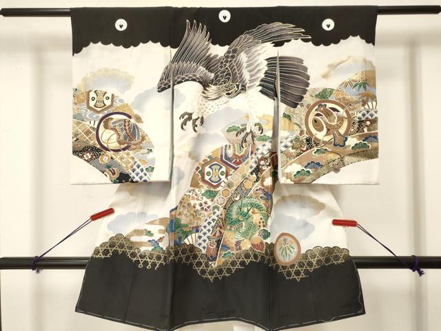 平和屋着物[]お宮参り　男の子　祝着　産着　初着　のしめ　鷹　鷲　龍　扇面笹松文　金彩　逸品　未使用　DAAY3359ma