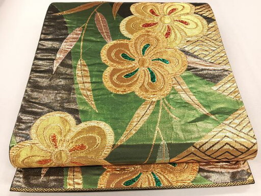 平和屋着物◎六通柄袋帯 草花文 捻梅 黒地 金糸 正絹 逸品 CAAL5796kb 平和屋着物◎六通柄袋帯 草花文 捻梅 黒地 金糸 正絹 逸品 CAAL5796kb