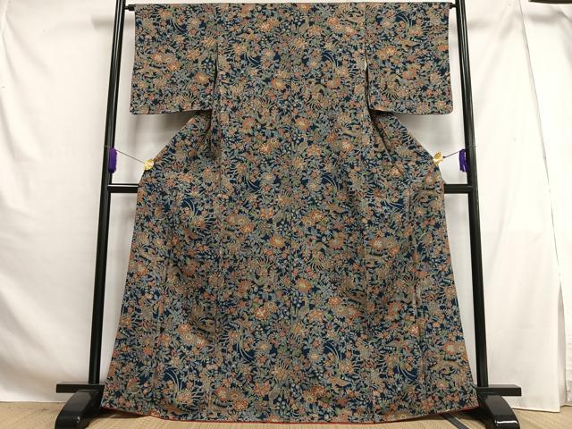 Kimono - 平和屋着物■上質な小紋　更紗花鳥文　金彩　鬼しぼ縮緬　ゑり正扱い　正絹　逸品　AABG5179oa