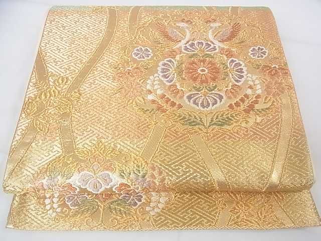 平和屋着物◎六通柄袋帯　双鶴正倉院花文　金糸　逸品　DAAE9720ar