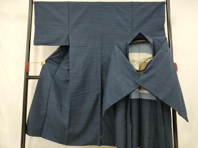 平和屋着物■男性 紬 アンサンブル 霞地紋 濃藍色 正絹 逸品 AABF8381fw