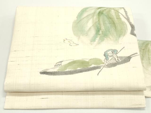 平和屋着物●九寸名古屋帯　手描き　生紬　風景人物文　肌色　正絹　逸品　DAAV9247ob