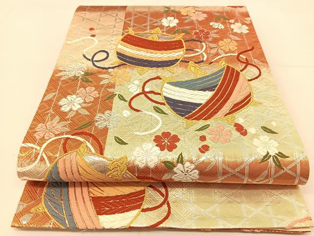 平和屋着物◎六通柄袋帯　唐織　糸巻き花文　金銀糸　正絹　逸品　BAAT8062yc