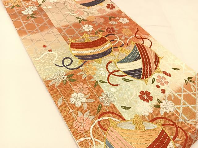 平和屋着物◎六通柄袋帯　唐織　糸巻き花文　金銀糸　正絹　逸品　BAAT8062yc
