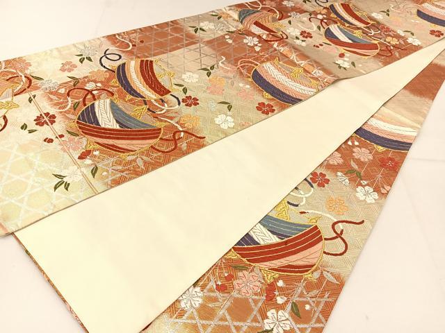 平和屋着物◎六通柄袋帯　唐織　糸巻き花文　金銀糸　正絹　逸品　BAAT8062yc