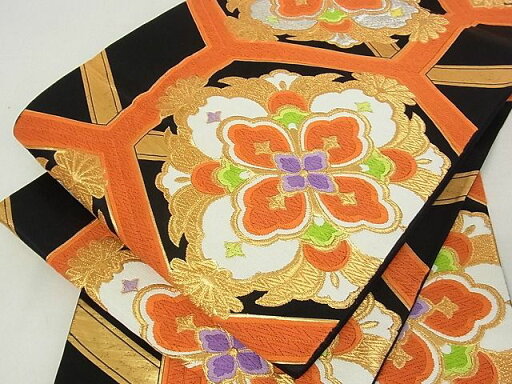 平和屋着物■六通柄袋帯 唐織 亀甲花文 黒地 金銀糸 逸品 sf1663 平和屋着物■六通柄袋帯 唐織 亀甲花文 黒地 金銀糸 逸品 sf1663