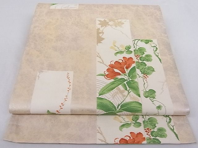 平和屋着物■六通柄袋帯　唐織　短冊枝花文　銀糸　引箔　正絹　逸品　AAAC8128Agk