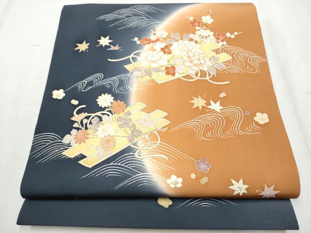 平和屋着物●塩瀬　太鼓柄袋帯　駒刺繍　花筏文　金彩　正絹　逸品　CABD5801hy