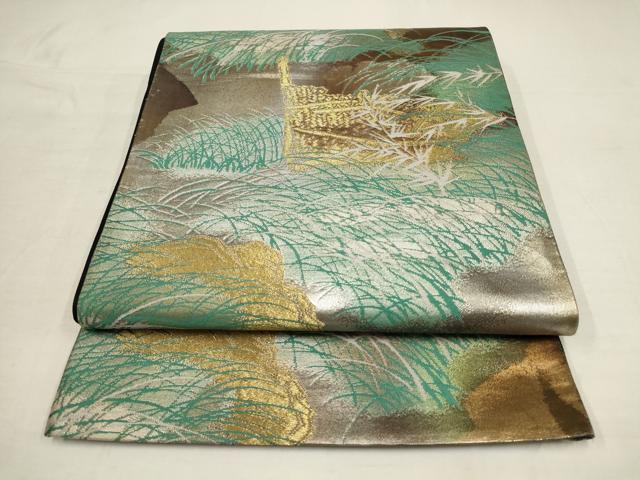 平和屋着物▼六通柄袋帯　柴垣風景文　黒地　金銀糸　引箔　正絹　逸品　AAAU1763wj