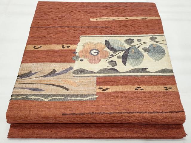 平和屋着物◎太鼓柄袋帯　櫛織　枝花文　正絹　逸品　CAAY7838fb