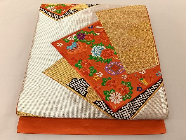 平和屋着物◎六通柄袋帯　色紙重ね宝尽くし花文　金銀糸　正絹　逸品　AAAG2169Bnf