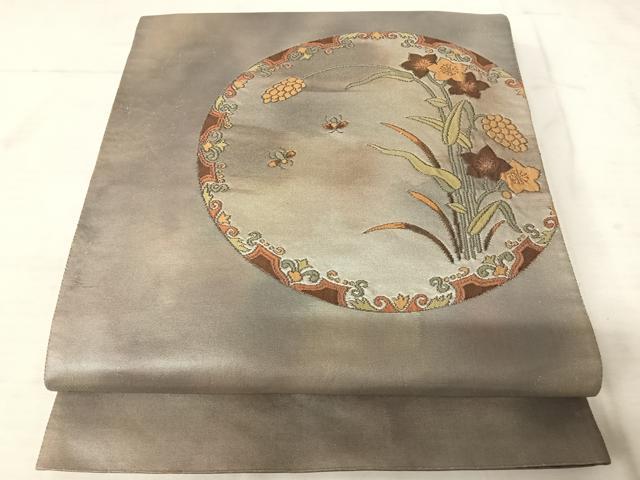 平和屋着物◎太鼓柄袋帯　蛍　草花文　銀糸　正絹　逸品　AAAU3057yx