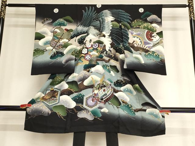 平和屋着物[]お宮参り　男の子　祝着　産着　初着　のしめ　鷹　吉祥松文　暈し染め　金彩　正絹　逸品　AABF2348ja