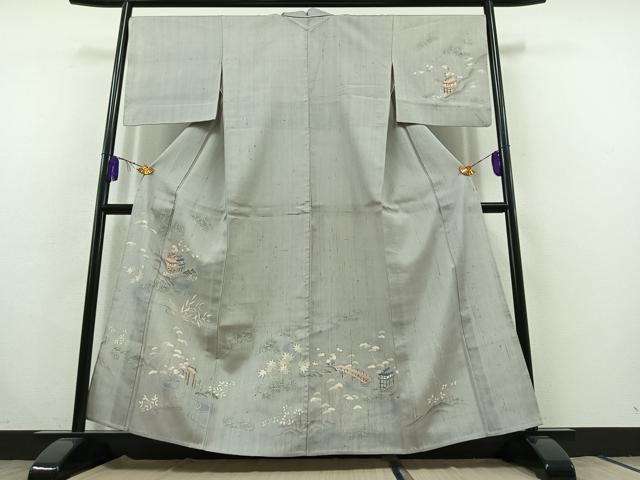 乐天商城 - 平和屋着物▽訪問着　単衣　生紬　手描き　風景文　正絹　逸品　AABC0711jh