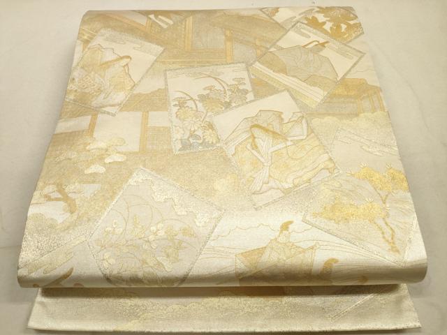 平和屋着物◎全通柄袋帯　色紙重ね人物文　かるた　金彩　正絹　逸品　DABA8437xg