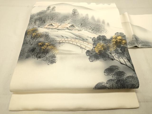 Rakuten - 平和屋着物◎塩瀬　九寸名古屋帯　手描き　渡橋風景文　金彩　正絹　逸品　DAAX6136jm