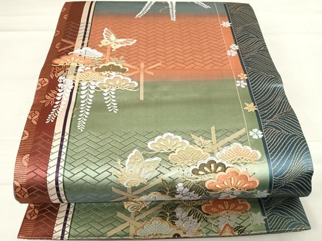 平和屋着物◎六通柄袋帯 唐織 舞蝶文 藤花房 金糸 正絹 逸品 AABD7114yx