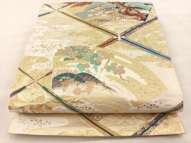 平和屋着物◎六通柄袋帯　唐織　聖風雅扇文　九百錦　金糸　正絹　逸品　BAAT7030ph