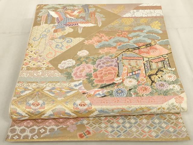 平和屋着物●六通柄袋帯 御所車花鳥唐草文 金銀糸 正絹 逸品 AAAL9356wj