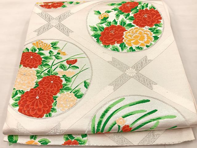 平和屋着物◎六通柄袋帯　唐織　草花丸文　銀糸　正絹　逸品　BAAT9577mz