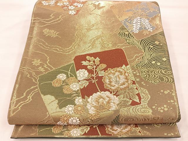 平和屋着物◎六通柄袋帯　唐織　織巧　金糸　正絹　逸品　BAAT9580mz