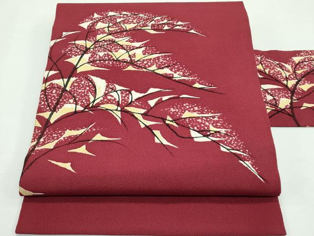 平和屋本店■希少　人間国宝　堰出し友禅　田島比呂子　九寸名古屋帯　枝葉文　金彩　鬼しぼ縮緬　葡萄茶色地　逸品　未使用　CZAA2437s5