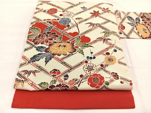 平和屋着物◎九寸名古屋帯　型染め　檜垣花文　鬼しぼ縮緬　正絹　逸品　BAAX0960hv