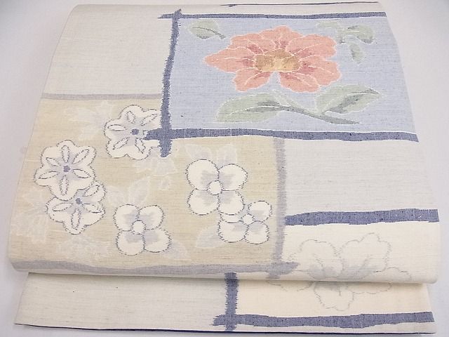 平和屋着物■全通柄袋帯　紬地　格子花文　逸品　ya0621