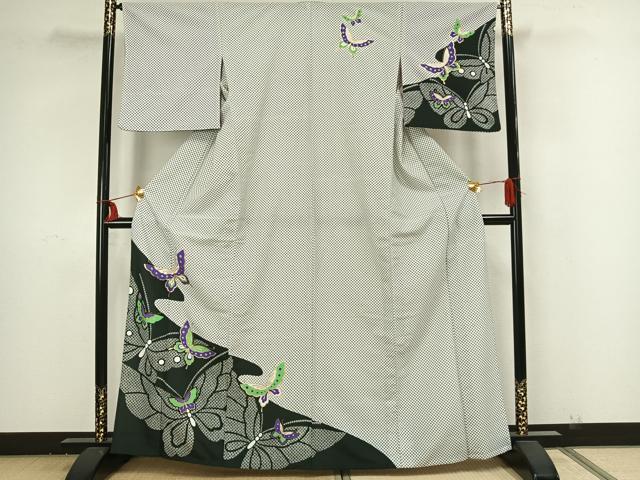 平和屋着物▽上質な紬 単衣 舞蝶文 正絹 逸品 CAAT6614xi