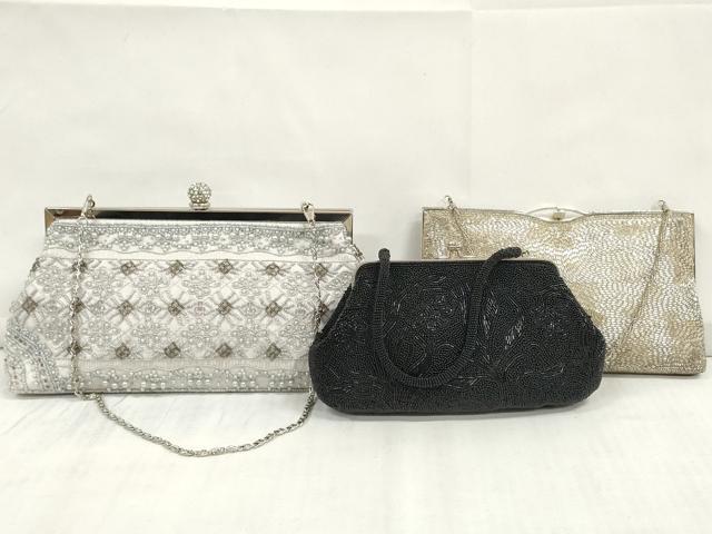 平和屋着物▼和装小物 ビーズバッグ3点 和装バッグ MICHEL KLEIN パール 持ち手付き がま口 レトロ 逸品 DAAR3628zzz
