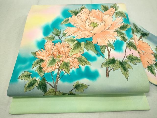 平和屋着物●瀧蒼雲　塩瀬　九寸名古屋帯　手描き　枝牡丹　正絹　逸品　CAAV8719vp